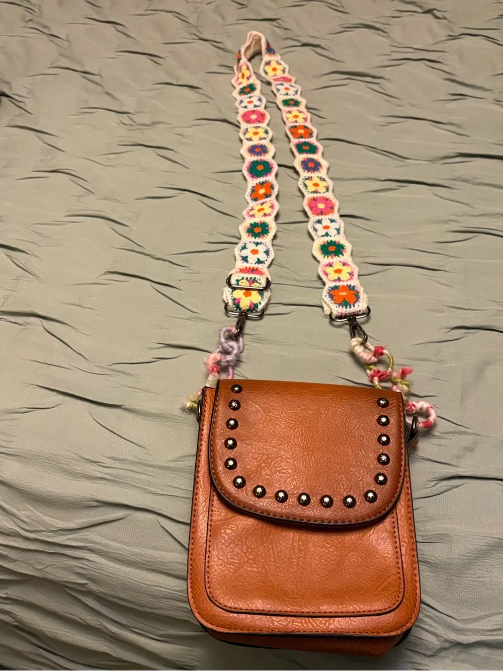Brown Studded Crossbody Bag with Colorful Crochet Strap
